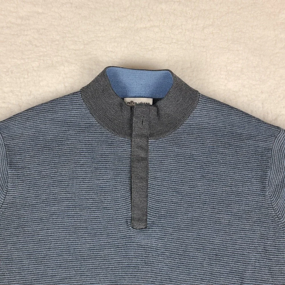 Peter Millar Sweater Mens Large Blue Gray Knit Wool Quarter Zip MF19S63
